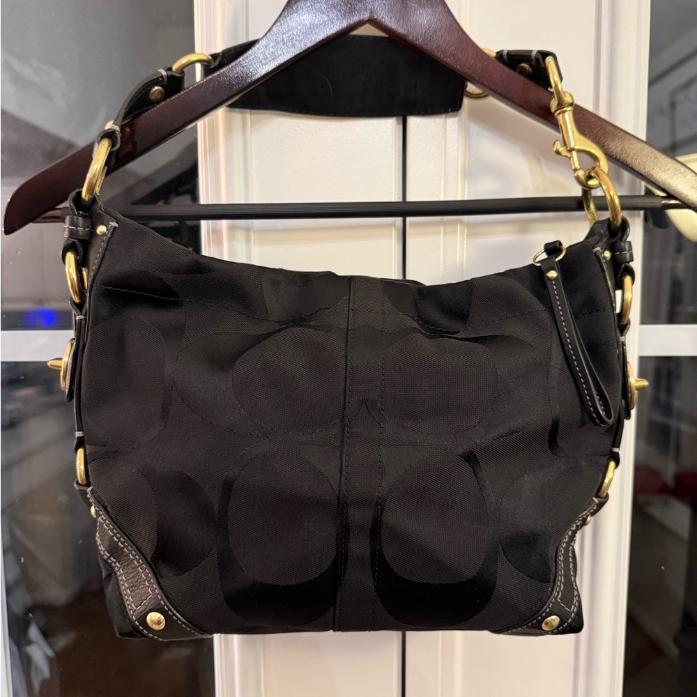 Coach Black Signature Carly Hobo Shoulder Bag with Brass Hardware - Picture 3 of 16